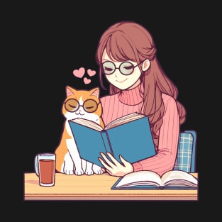 woman reading cat Book Cat Woman reading With A Cat T-Shirt