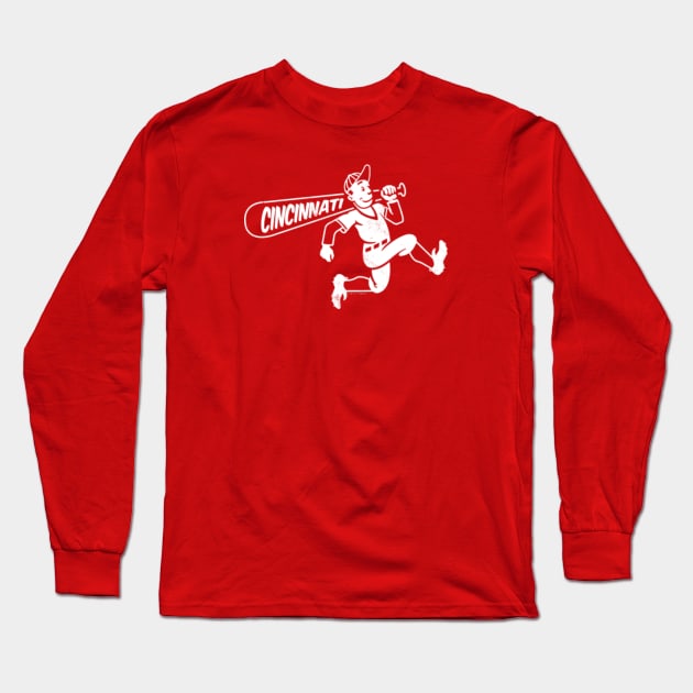 deadmansupplyco Vintage Running Baseball Player - Cincinnati Reds (White Cincinnati Wordmark) Long Sleeve T-Shirt