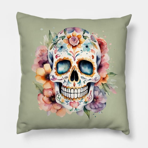 Watercolor Flower Skull Pillow by SOS@ddicted