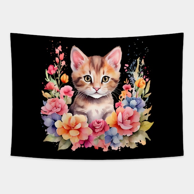 A cat decorated with beautiful watercolor flowers Tapestry by CreativeSparkzz