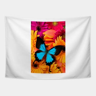 Blue Butterfly On Colorful Daisy's Tapestry
