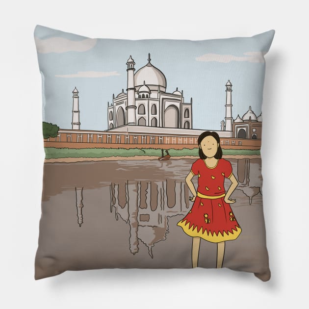 The Taj Mahal in India: girl standing in Yamuna river Pillow by smithandco