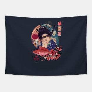 Collage Geisha Samurai in Coral, Indigo and Marsala Tapestry