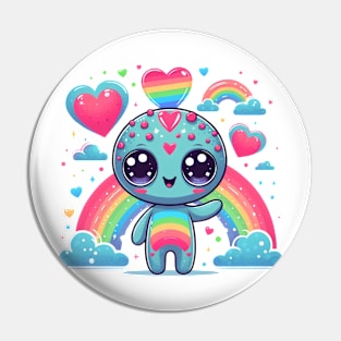 Cute alien with rainbow and hearts Pin