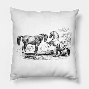 Pair of Horses Vintage Black and White Illustration Pillow