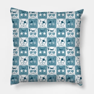 Frenchies with Glasses Pattern Blue Pillow