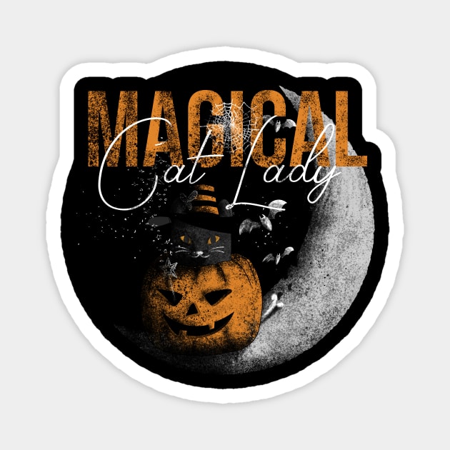 Magical Cat Lady On Vintage Halloween Pumpkin Magnet by Rishirt