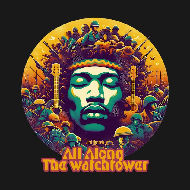 tshirt mug, sticker, print, Jimi hendrix All along the watchtower by Ken Savana