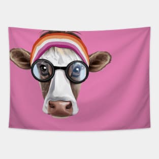 Subtle Lesbian Flag Colors Queer Cow with Headband Bandana Queer Pride and Lesbian Pride Tapestry