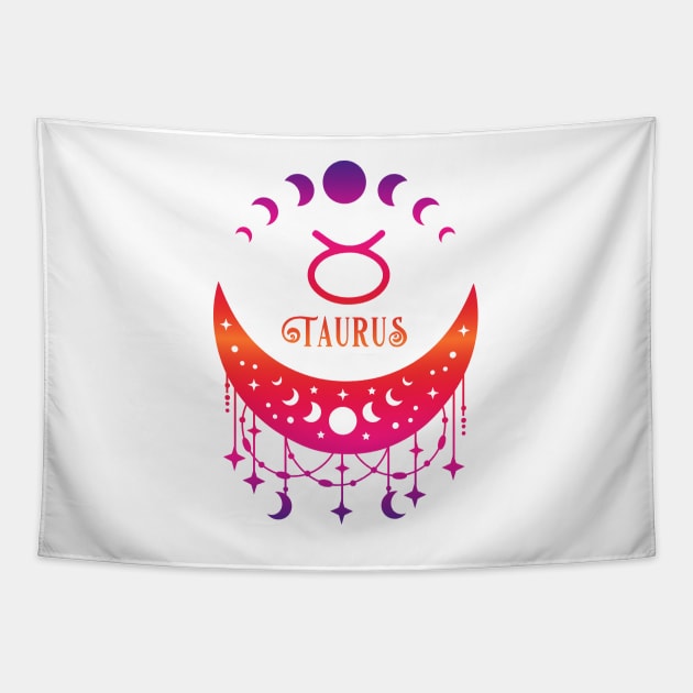Rainbow Ombre Moon Phases and Taurus Zodiac Symbol Tapestry by Cheeky Witch
