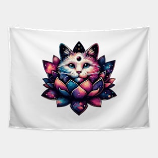 Colorful Cosmic Cat in Lotus Flower Tapestry