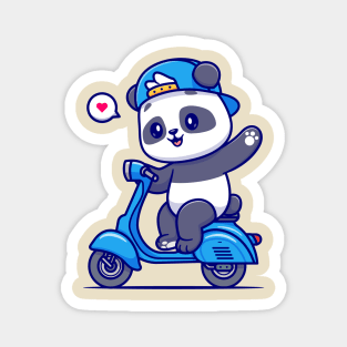 Cute Panda Waving Hand On Scooter Cartoon Magnet