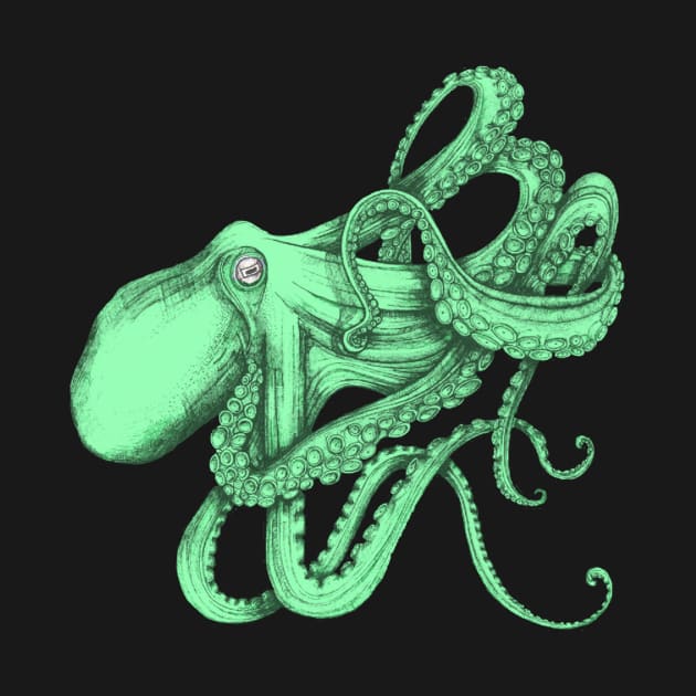 Octopus, green, on black. A tangle of tentacles. by krisevansart