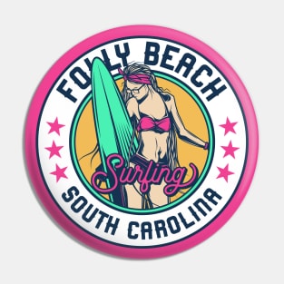 Retro Surfer Babe Badge Folly Beach South Carolina Pin