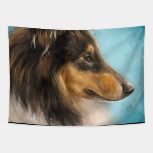 Painting of a Three Colored Collie Dog on Blue Background Tapestry
