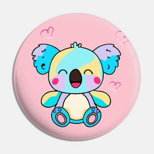 Happy smiling baby koala bear with love hearts. Kawaii cartoon Pin