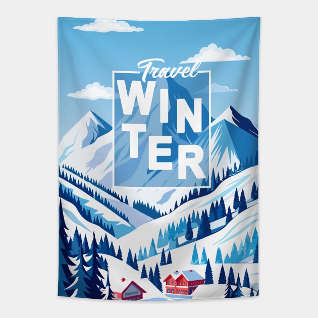 Winter Mountain snow sports ski Hotels in Snowy Mountains landscape Christmas Alps Tapestry by sofiartmedia