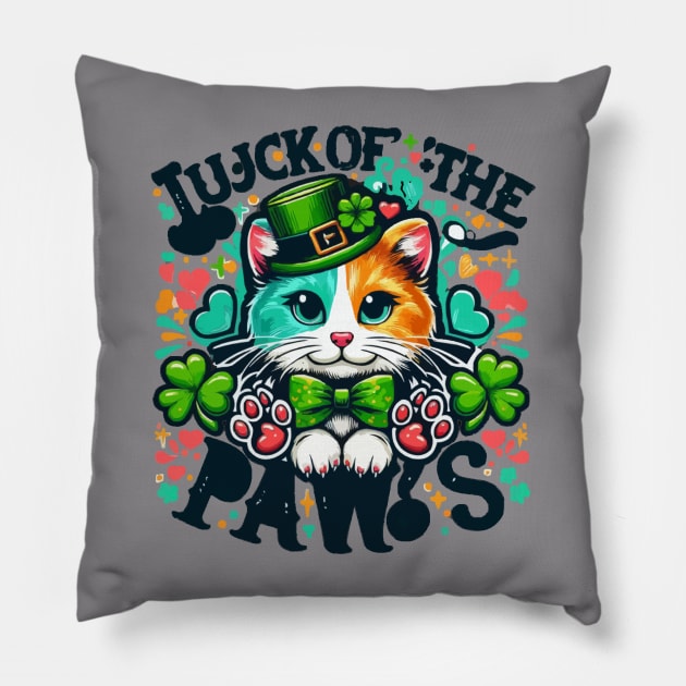 Funny Luck of the paws, cat lover, cut oweners, cute cat illustration, pet owner, ST Patrick's day cat, Pillow by PetPawsPlay