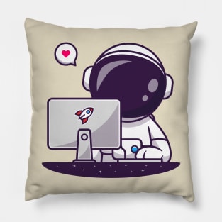 Cute Astronaut Working With Computer Cartoon Pillow