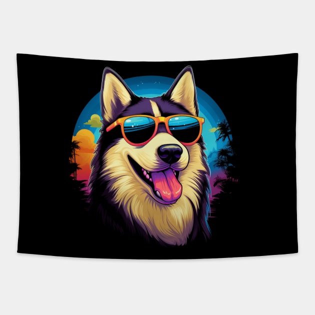 Retro Wave Husky Dog Shirt Tapestry by Miami Neon Designs