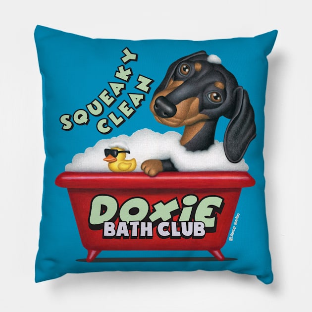 Cute Doxie awesome Black Dachshund in Red Bathtub Pillow by Danny Gordon Art