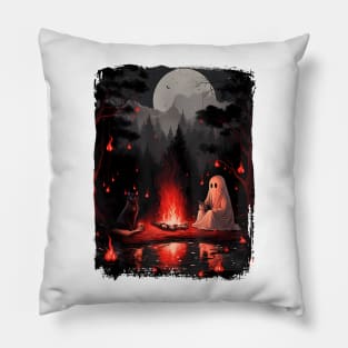 Black Cat And Ghost Sitting On Bench Halloween Dark Gothic Pillow