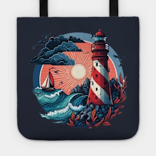 Guiding Seafarers: Nautical Light Tower Art Print in Red, White, and Blue Tote