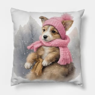 Adorable cute puppy wearing a pink hat and scarf Pillow