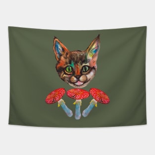 Cat and red mushrooms Fly agaric Tapestry