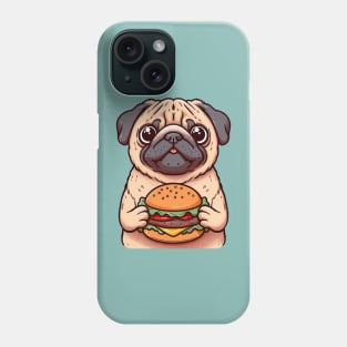 a Pug dog holding a burger illustration Phone Case