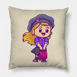 Cute Girl With Bag And Wearing Hat Cartoon Pillow