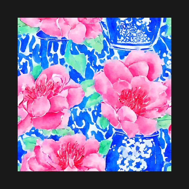 Chinoiserie and peonies on blue background watercolor by SophieClimaArt