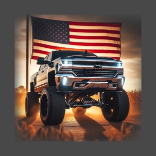 Chevrolet Silverado and The American Flag by Gas Autos T-Shirt