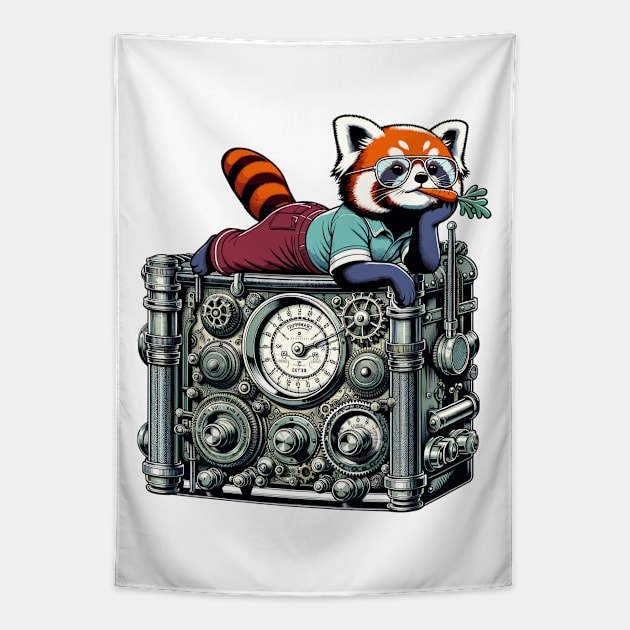 Red Panda Relaxing on Vintage Radio - Unique Digital Art Tapestry by TimeWarpWildlife