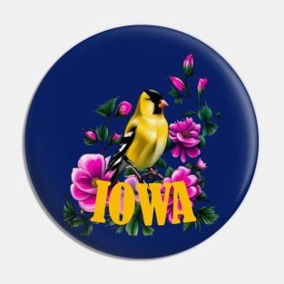 Goldfinch Surrounded By Pink Wild Roses Iowa Pin