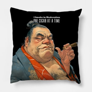 Puff Sumo Smoking a Cigar: "I Smoke Cigars in Moderation; One Cigar at a Time"  on a dark (Knocked Out) background Pillow