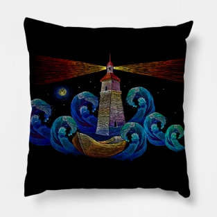 Artistic Lighthouse with Sea and Boat Pillow