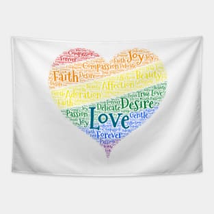 Pride Diagonal Rainbow Heart word Cloud Art Tapestry