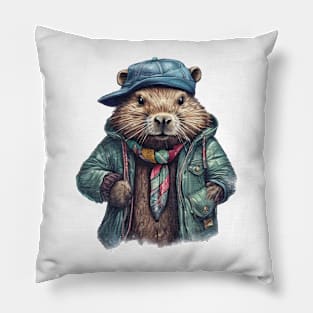 Beaver wearing a jacket cap and a scarf Pillow