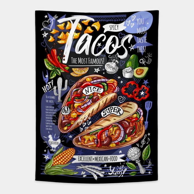 Food poster, food, Mexican, nachos, burritos, tacos, snack. Tapestry by Iraida Bearlala