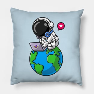 Cute Astronaut Working With Laptop On Earth Cartoon Pillow