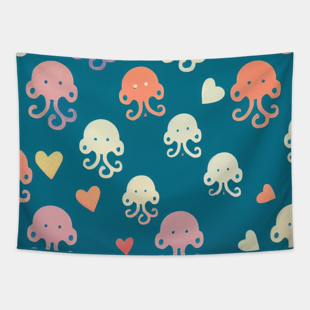 Under the Sea with Octopi in Love - Super Cute Colorful Cephalopod Pattern Tapestry by JensenArtCo