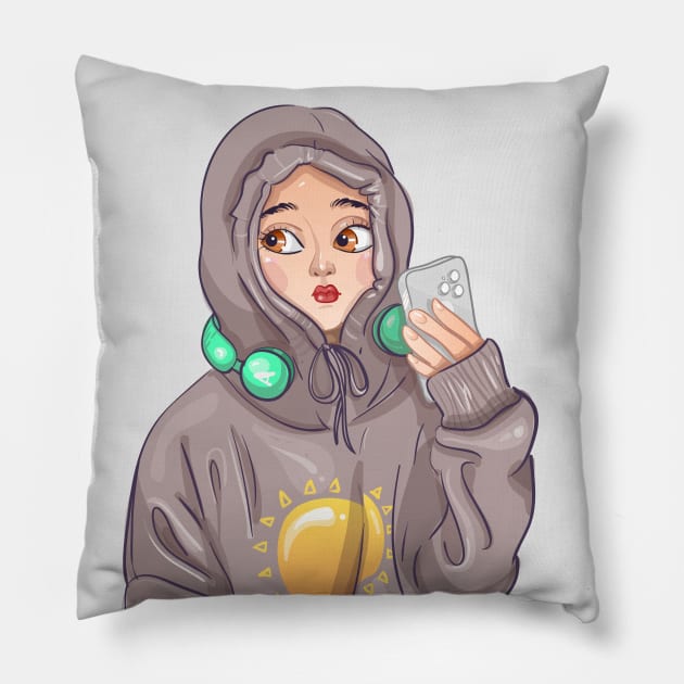 hoodie phone girl Pillow by Asome