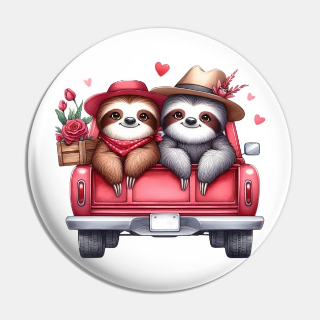 Valentine Sloth Couple Sitting On Truck Pin by Chromatic Fusion Studio