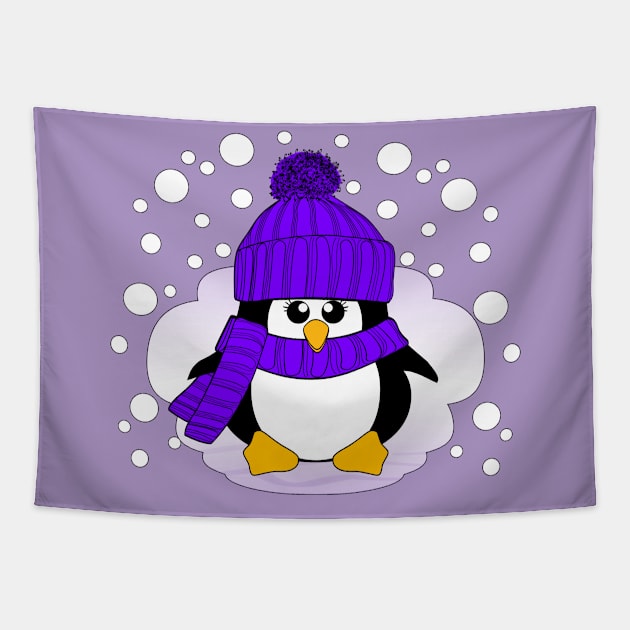 Christmas Penguin with Purple Hat and Scarf Tapestry by Krimbles