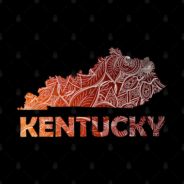 Colorful mandala art map of Kentucky with text in brown and orange by Happy Citizen