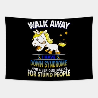 funny down syndrome grumpy unicorn warrior Tapestry