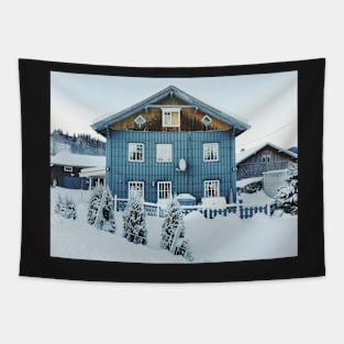 White Christmas - Typical Norwegian Farmhouse With Illuminated Xmas Decoration in Window Tapestry