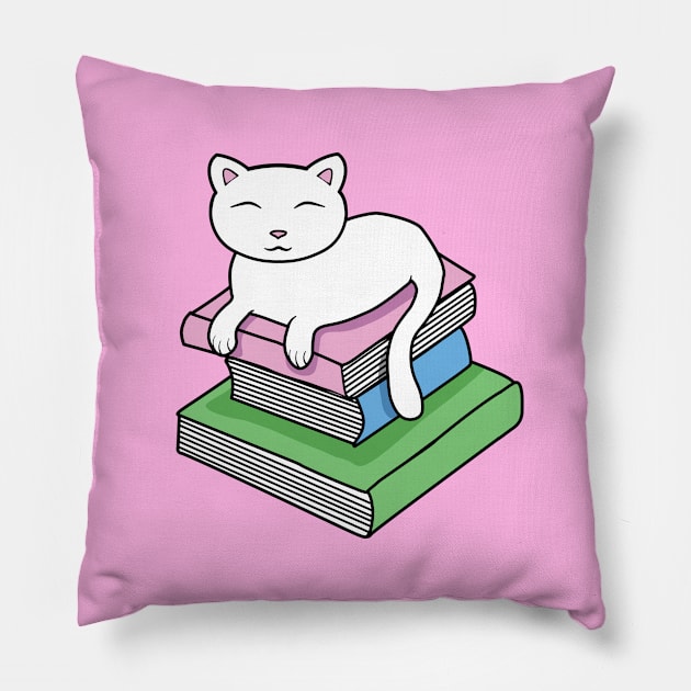 Cat resting on a pile of books Pillow by Purrfect