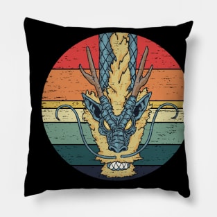 Oriental Blue Dragon Retro Sunset Distressed Rainbow Colors Pillow